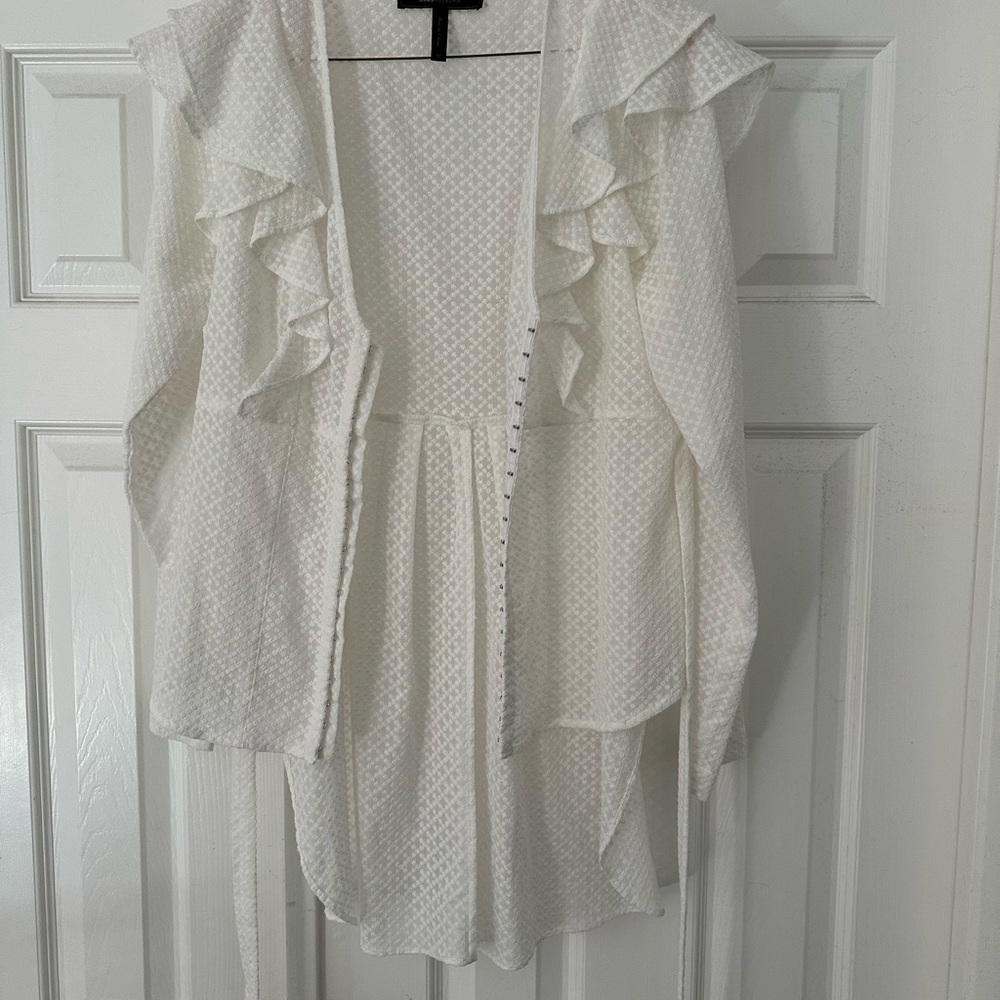 BCBG Maxazria white frilly top.